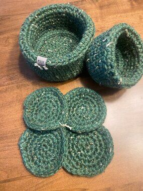 Handmade Crochet Coaster Set Green With Nesting Storage Baskets